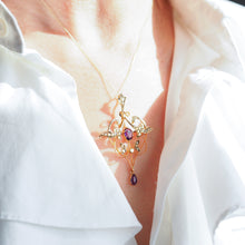 Load image into Gallery viewer, Antique Edwardian Amethyst & Seed Pearl 9ct Gold Art Nouveau Pendant Necklace - c.1905