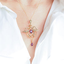 Load image into Gallery viewer, Antique Edwardian Amethyst & Seed Pearl 9ct Gold Art Nouveau Pendant Necklace - c.1905