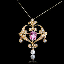 Load image into Gallery viewer, Antique Edwardian Pink Tourmaline & Seed Pearl 15ct Gold Pendant Necklace - c.1910