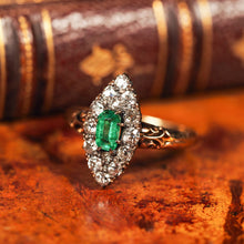 Load image into Gallery viewer, Magnificent Antique Victorian 18K Gold Emerald & Diamond Navette Cluster Ring - c.1880