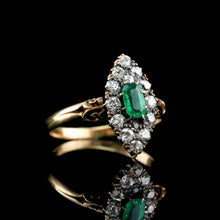 Load image into Gallery viewer, Magnificent Antique Victorian 18K Gold Emerald & Diamond Navette Cluster Ring - c.1880