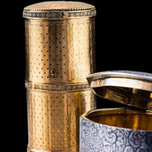 Load image into Gallery viewer, Antique French Solid Silver Gilt Box Cylindrical Etui, Engine Turned Guilloche Design - c.1890