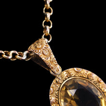 Load image into Gallery viewer, Antique Victorian 9ct Gold Citrine Pendant Necklace with Chased Floral Motif - c.1850