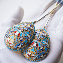 Load image into Gallery viewer, Antique Imperial Russian Solid Silver Pair of Spoons with Cloisonne Enamel - Vasily Agafonov c.1882-1899