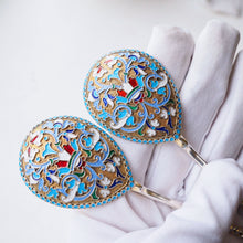 Load image into Gallery viewer, Antique Imperial Russian Solid Silver Pair of Spoons with Cloisonne Enamel - Vasily Agafonov c.1882-1899