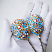 Load image into Gallery viewer, Antique Imperial Russian Solid Silver Pair of Spoons with Cloisonne Enamel - Vasily Agafonov c.1882-1899