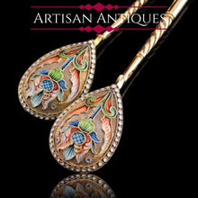 Load image into Gallery viewer, Antique Imperial Russian Solid Silver Pair of Spoons Cloisonne Enamel Flower Motif - Moscow c.1910 Vasily Agafonov