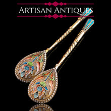 Load image into Gallery viewer, Antique Imperial Russian Solid Silver Pair of Spoons Cloisonne Enamel Flower Motif - Moscow c.1910 Vasily Agafonov