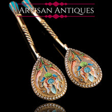 Load image into Gallery viewer, Antique Imperial Russian Solid Silver Pair of Spoons Cloisonne Enamel Flower Motif - Moscow c.1910 Vasily Agafonov