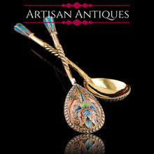 Load image into Gallery viewer, Antique Imperial Russian Solid Silver Pair of Spoons Cloisonne Enamel Flower Motif - Moscow c.1910 Vasily Agafonov