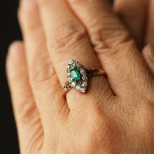 Load image into Gallery viewer, Magnificent Antique Victorian 18K Gold Emerald & Diamond Navette Cluster Ring - c.1880