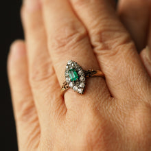Load image into Gallery viewer, Magnificent Antique Victorian 18K Gold Emerald & Diamond Navette Cluster Ring - c.1880 - Artisan Antiques