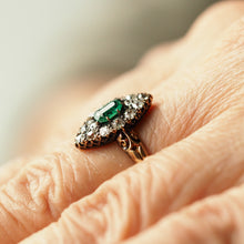 Load image into Gallery viewer, Magnificent Antique Victorian 18K Gold Emerald & Diamond Navette Cluster Ring - c.1880 - Artisan Antiques