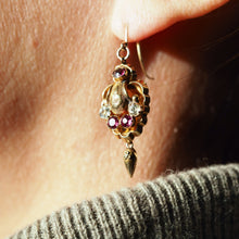 Load image into Gallery viewer, Antique Victorian 18K Gold Brooch/Pendant & Earrings Garnet & Chrysoberyl - Etruscan Revival c.1870