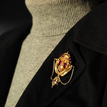 Load image into Gallery viewer, Antique Victorian 18K Gold Brooch/Pendant & Earrings Garnet & Chrysoberyl - Etruscan Revival c.1870