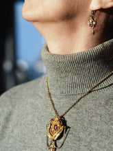 Load image into Gallery viewer, Antique Victorian 18K Gold Brooch/Pendant & Earrings Garnet & Chrysoberyl - Etruscan Revival c.1870