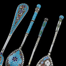 Load image into Gallery viewer, Antique Russian Silver Enamel Cloisonne Spoons and Fork Set c.1890 - Artisan Antiques