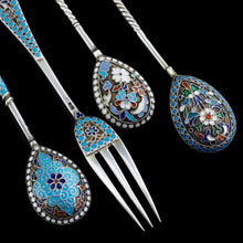 Load image into Gallery viewer, Antique Russian Silver Enamel Cloisonne Spoons and Fork Set c.1890 - Artisan Antiques