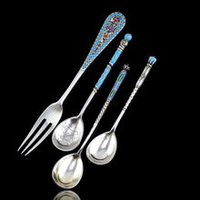 Load image into Gallery viewer, Antique Russian Silver Enamel Cloisonne Spoons and Fork Set c.1890 - Artisan Antiques