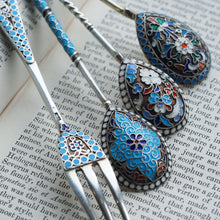 Load image into Gallery viewer, Antique Russian Silver Enamel Cloisonne Spoons and Fork Set c.1890 - Artisan Antiques