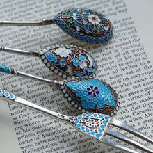 Load image into Gallery viewer, Antique Russian Silver Enamel Cloisonne Spoons and Fork Set c.1890 - Artisan Antiques