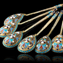 Load image into Gallery viewer, Antique Russian Silver Enamel Spoons Cloisonne Set of 6 - Dmitrii Nikolaevich Nikolaev c.1900 - Artisan Antiques
