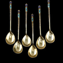 Load image into Gallery viewer, Antique Russian Silver Enamel Spoons Cloisonne Set of 6 - Dmitrii Nikolaevich Nikolaev c.1900 - Artisan Antiques