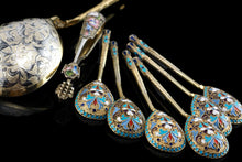 Load image into Gallery viewer, Antique Russian Silver Enamel Spoons Cloisonne Set of 6 - Dmitrii Nikolaevich Nikolaev c.1900 - Artisan Antiques
