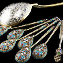 Load image into Gallery viewer, Antique Russian Silver Enamel Spoons Cloisonne Set of 6 - Dmitrii Nikolaevich Nikolaev c.1900 - Artisan Antiques