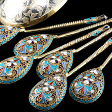 Load image into Gallery viewer, Antique Russian Silver Enamel Spoons Cloisonne Set of 6 - Dmitrii Nikolaevich Nikolaev c.1900 - Artisan Antiques