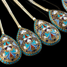 Load image into Gallery viewer, Antique Russian Silver Enamel Spoons Cloisonne Set of 6 - Dmitrii Nikolaevich Nikolaev c.1900 - Artisan Antiques