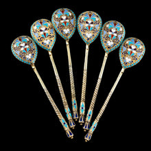 Load image into Gallery viewer, Antique Russian Silver Enamel Spoons Cloisonne Set of 6 - Dmitrii Nikolaevich Nikolaev c.1900 - Artisan Antiques