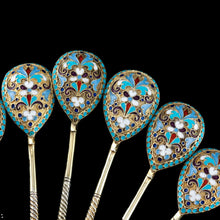 Load image into Gallery viewer, Antique Russian Silver Enamel Spoons Cloisonne Set of 6 - Dmitrii Nikolaevich Nikolaev c.1900 - Artisan Antiques