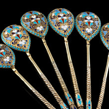 Load image into Gallery viewer, Antique Russian Silver Enamel Spoons Cloisonne Set of 6 - Dmitrii Nikolaevich Nikolaev c.1900 - Artisan Antiques