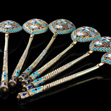 Load image into Gallery viewer, Antique Russian Silver Enamel Spoons Cloisonne Set of 6 - Dmitrii Nikolaevich Nikolaev c.1900 - Artisan Antiques