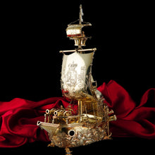 Load image into Gallery viewer, Antique Solid Silver Gilt Nef Ship Centrepiece with Mythological Figures & English Royal Coat of Arms - c.1890