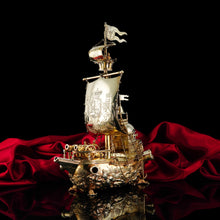 Load image into Gallery viewer, Antique Solid Silver Gilt Nef Ship Centrepiece with Mythological Figures & English Royal Coat of Arms - c.1890