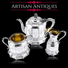 Load image into Gallery viewer, Rare Antique Solid Silver Victorian Tea Set, 3 Piece Gothic Design - Elkington 1853