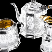 Load image into Gallery viewer, Rare Antique Solid Silver Victorian Tea Set, 3 Piece Gothic Design - Elkington 1853