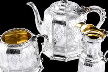 Load image into Gallery viewer, Rare Antique Solid Silver Victorian Tea Set, 3 Piece Gothic Design - Elkington 1853