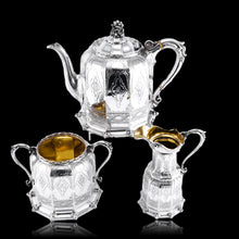Load image into Gallery viewer, Rare Antique Solid Silver Victorian Tea Set, 3 Piece Gothic Design - Elkington 1853