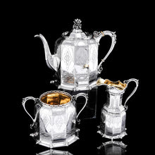 Load image into Gallery viewer, Rare Antique Solid Silver Victorian Tea Set, 3 Piece Gothic Design - Elkington 1853