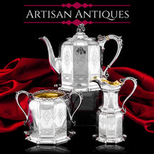 Load image into Gallery viewer, Rare Antique Solid Silver Victorian Tea Set, 3 Piece Gothic Design - Elkington 1853