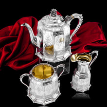 Load image into Gallery viewer, Rare Antique Solid Silver Victorian Tea Set, 3 Piece Gothic Design - Elkington 1853