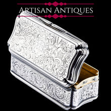 Load image into Gallery viewer, Antique Large Solid Silver Snuff Box Cartouche Shaped with Profuse Hand Engravings - London 1842