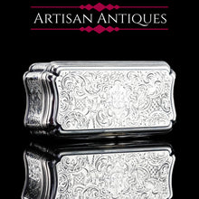 Load image into Gallery viewer, Antique Large Solid Silver Snuff Box Cartouche Shaped with Profuse Hand Engravings - London 1842