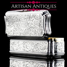 Load image into Gallery viewer, Antique Large Solid Silver Snuff Box Cartouche Shaped with Profuse Hand Engravings - London 1842