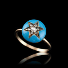 Load image into Gallery viewer, Antique Victorian Diamond Star Ring 9ct Gold Blue Enamel Cabochon - c.1890