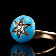 Load image into Gallery viewer, Antique Victorian Diamond Star Ring 9ct Gold Blue Enamel Cabochon - c.1890