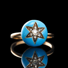 Load image into Gallery viewer, Antique Victorian Diamond Star Ring 9ct Gold Blue Enamel Cabochon - c.1890